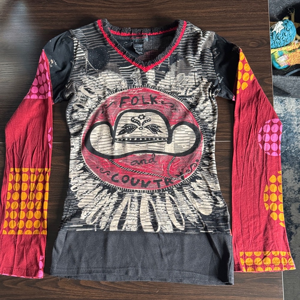 Custo Barcelona Red, Black & Pink Long Sleeve Graphic Tee